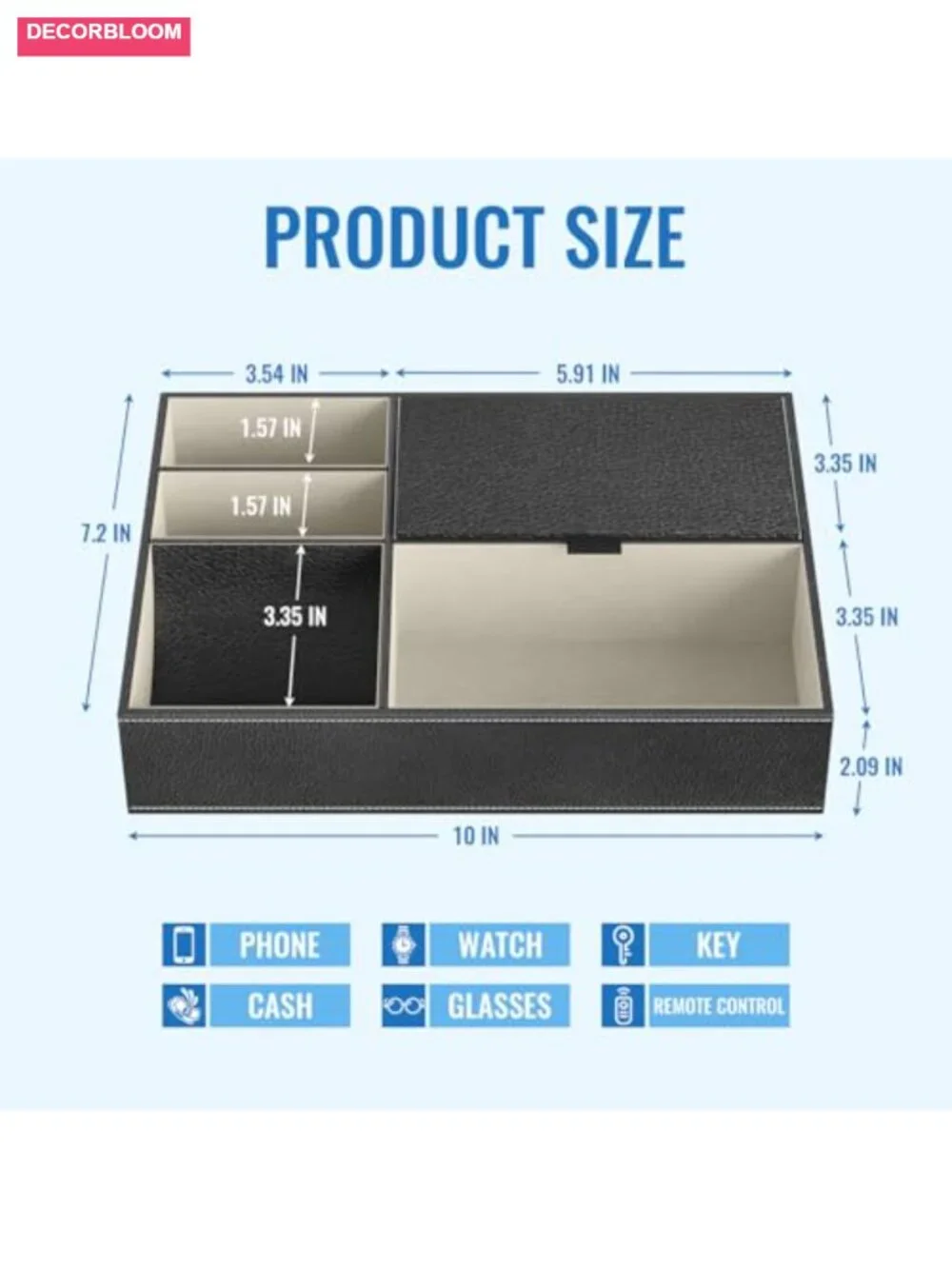 Faux Leather Valet Tray Organizer with 5 Compartments Nightstand Storage for Men